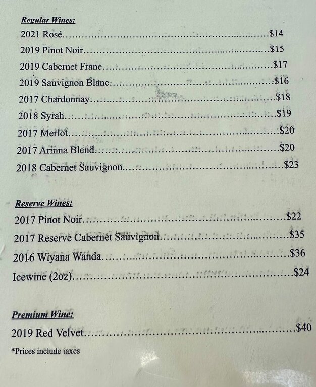 a wine menu in the Niagara Wine Region