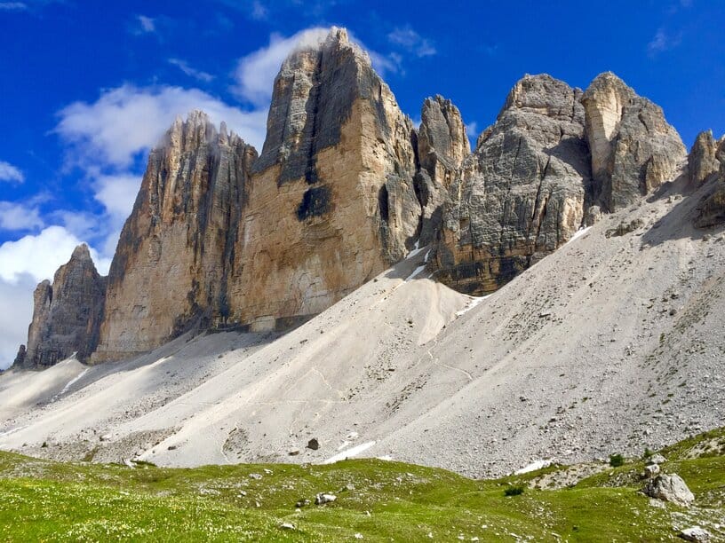 Tre Cime peaks from down below the mountains