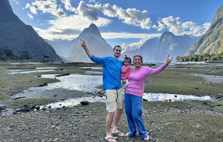 Chris Heckmann and Nimarta Bawa at Milford Sound in New Zealand