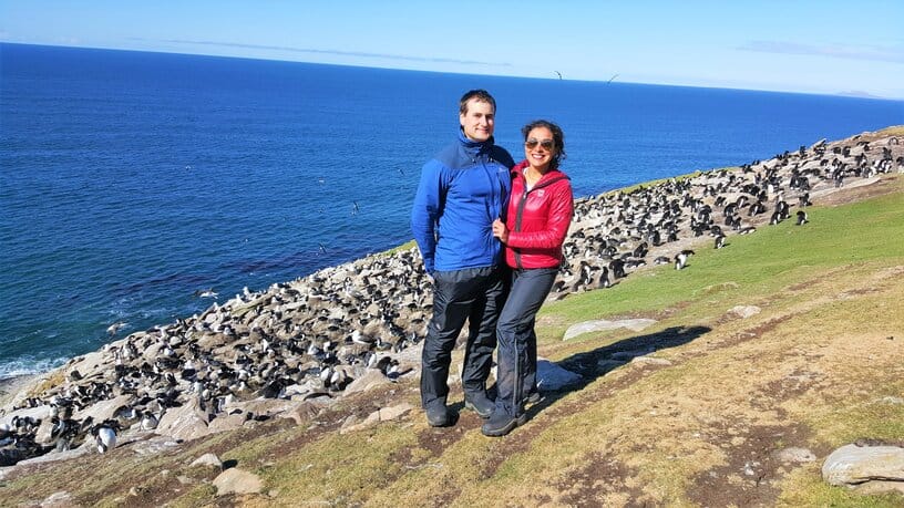 Chris Heckmann and Nimarta Bawa on Saunders Island on a Falklands Islands cruise