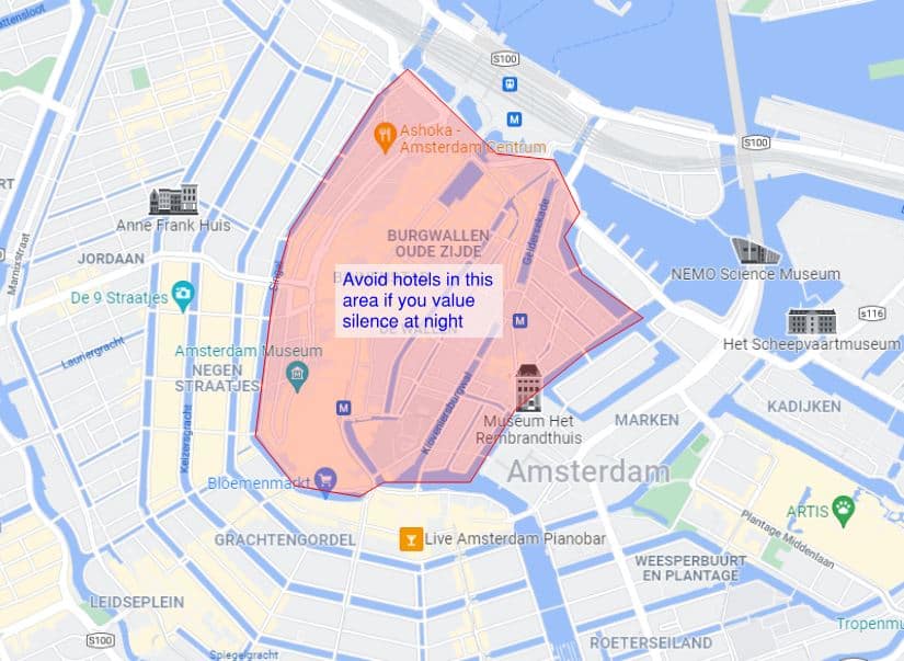 Map of Amsterdam showing where to stay to avoid noise at night
