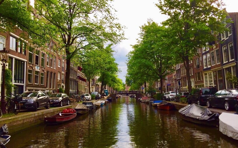 view of a typical suburban canal in Amsterdam