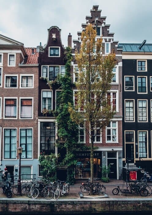 Narrow houses along a canal in Amsterdam