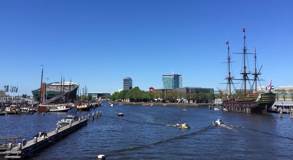 Phot of Amsterdam along the IJ river with the Nemo Science Museum 