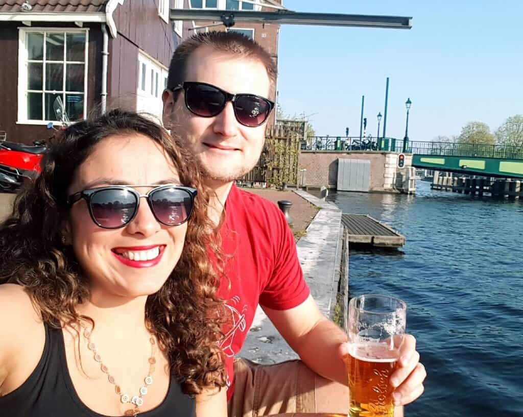 photos of a young couple outside some Amsterdam breweries