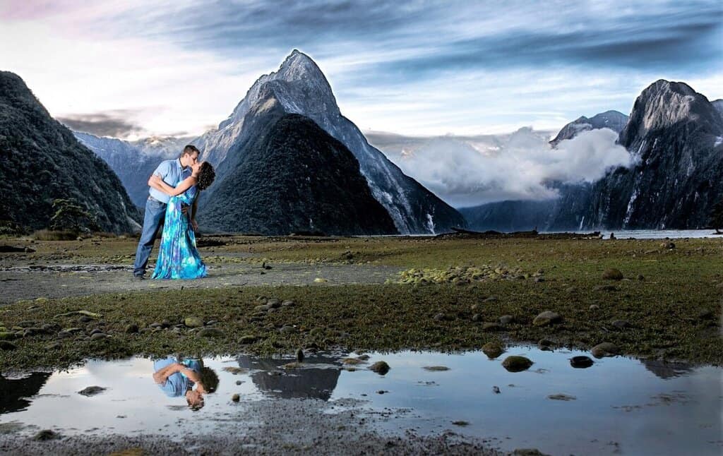 Chris Heckmann and Nimarta Bawa engagement photo at Milford Sound New Zealand