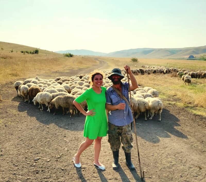 Nimarta Bawa with a shepherd in Vashlovani National Park in Georgia