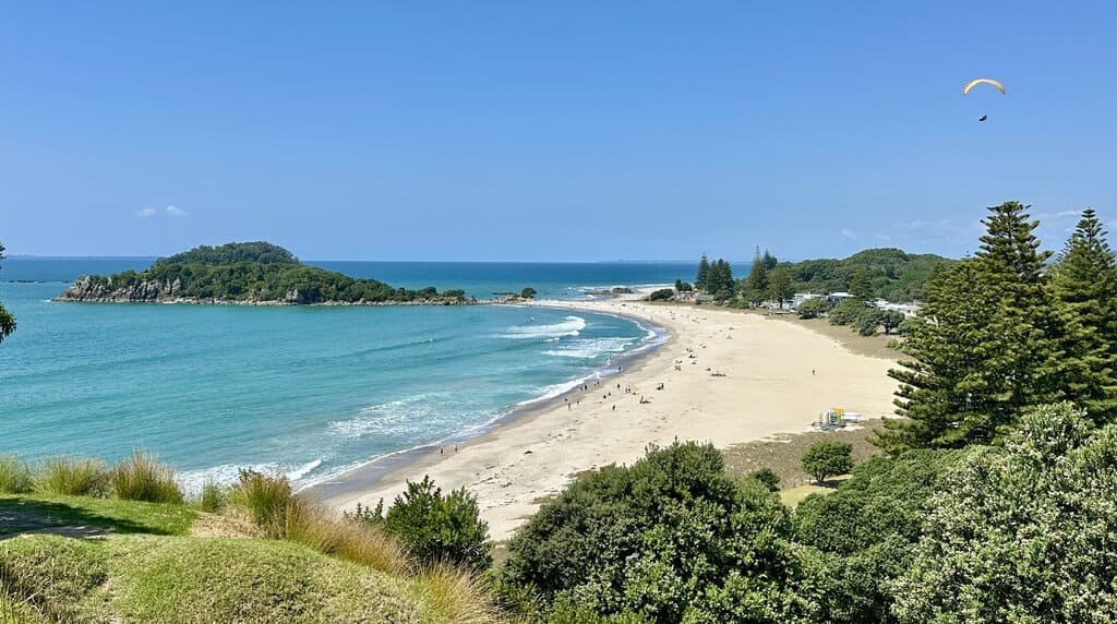 Mount Maunganui beach in New Zealand as seen from the mountain