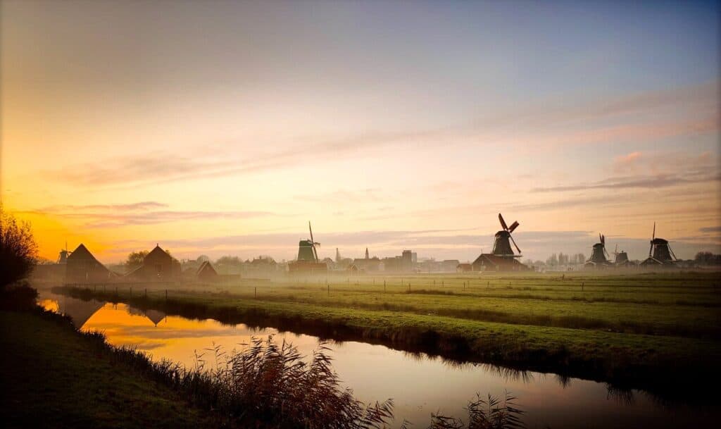 Dutch windmills on a foggy day