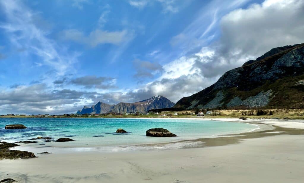 a view of Rambergstrand from the beach in Lofoten Islands