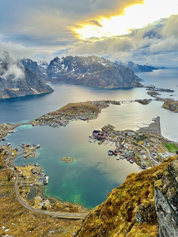 The view from the top of Reinebringen mountain in the Lofoten Islands