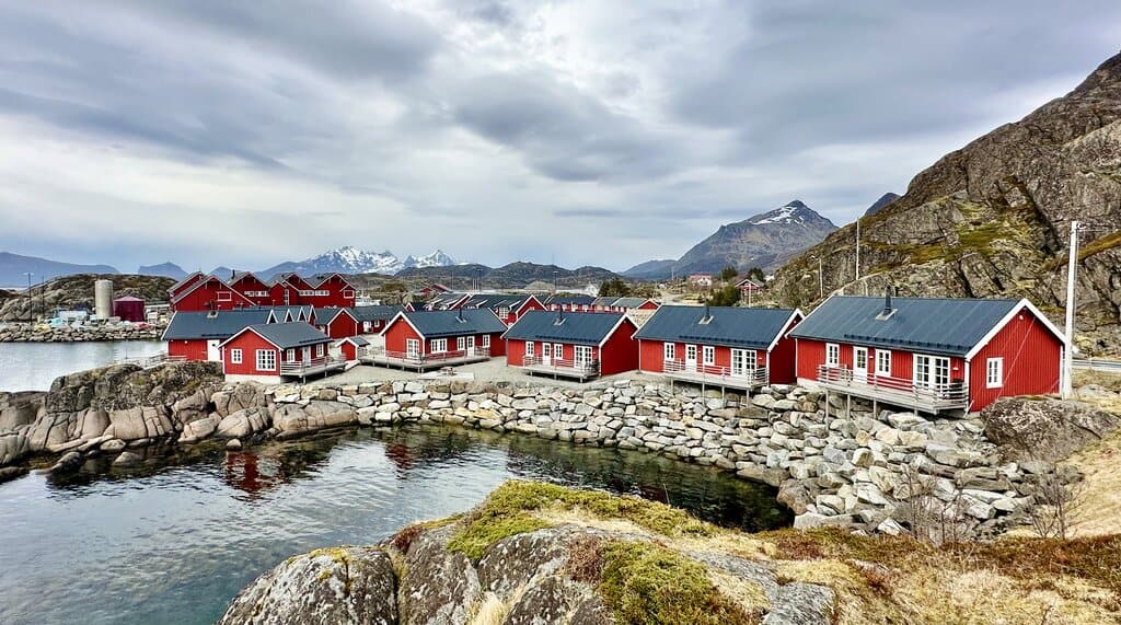 photo of traditional Norwegian robuers along the coast in Lofoten Islands