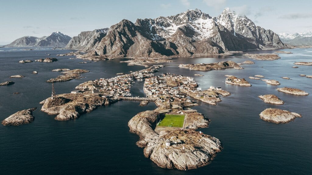 Henningsvaer Stadium from above in the Lofoten Islands