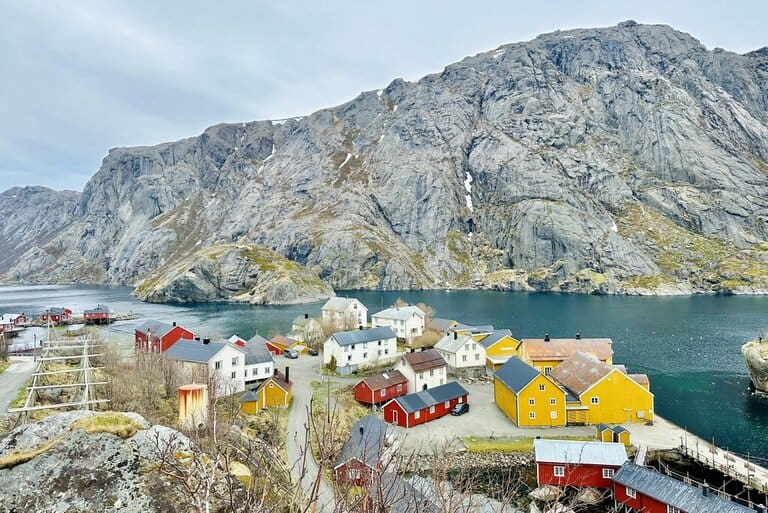 Photo of Nusfjord in the Lofoten Islands from above the village