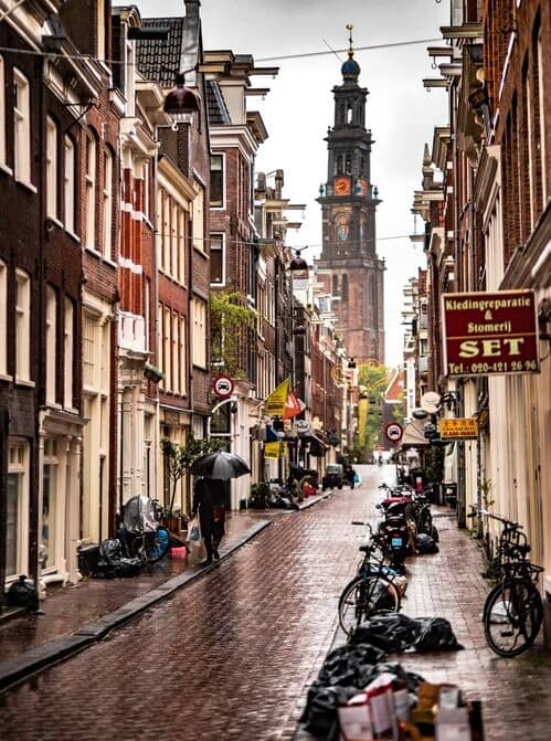 Amsterdam city center on a rainy day