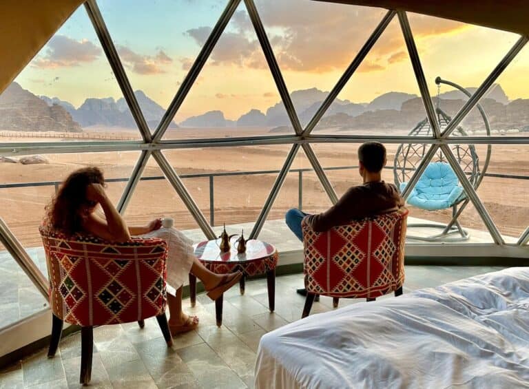 Looking out at the Wadi Rum desert from a bubble tent