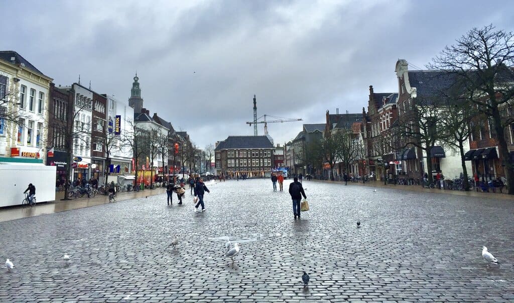 the main square in Groningen on a rainy day