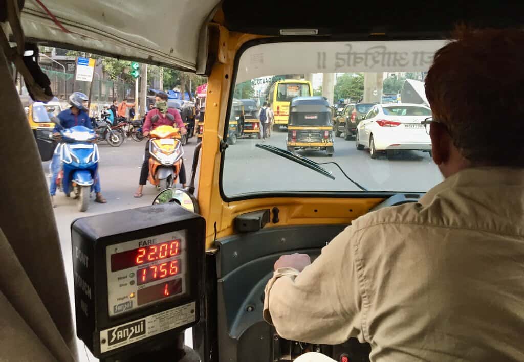 view from the back of a tuktuk in Mumbai