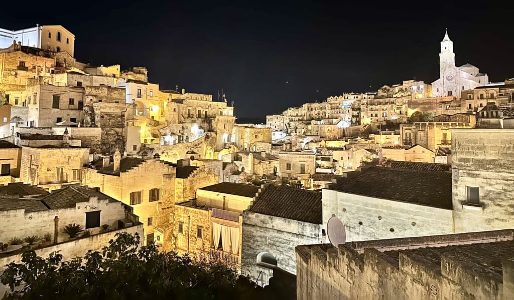 Dinner view from Il Terrazzino restaurant in Matera at night