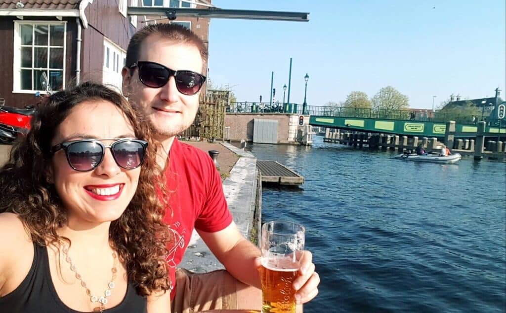 Chris Heckmann and Nimarta Bawa drinking beer in Haarlem, Netherlands