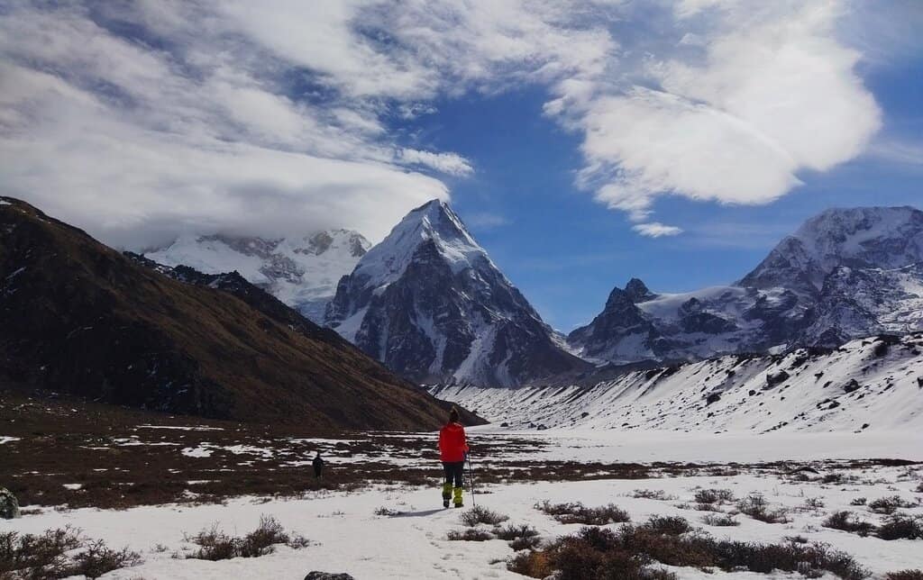 A lone hiker on the Kanchenjunga trek in Nepal