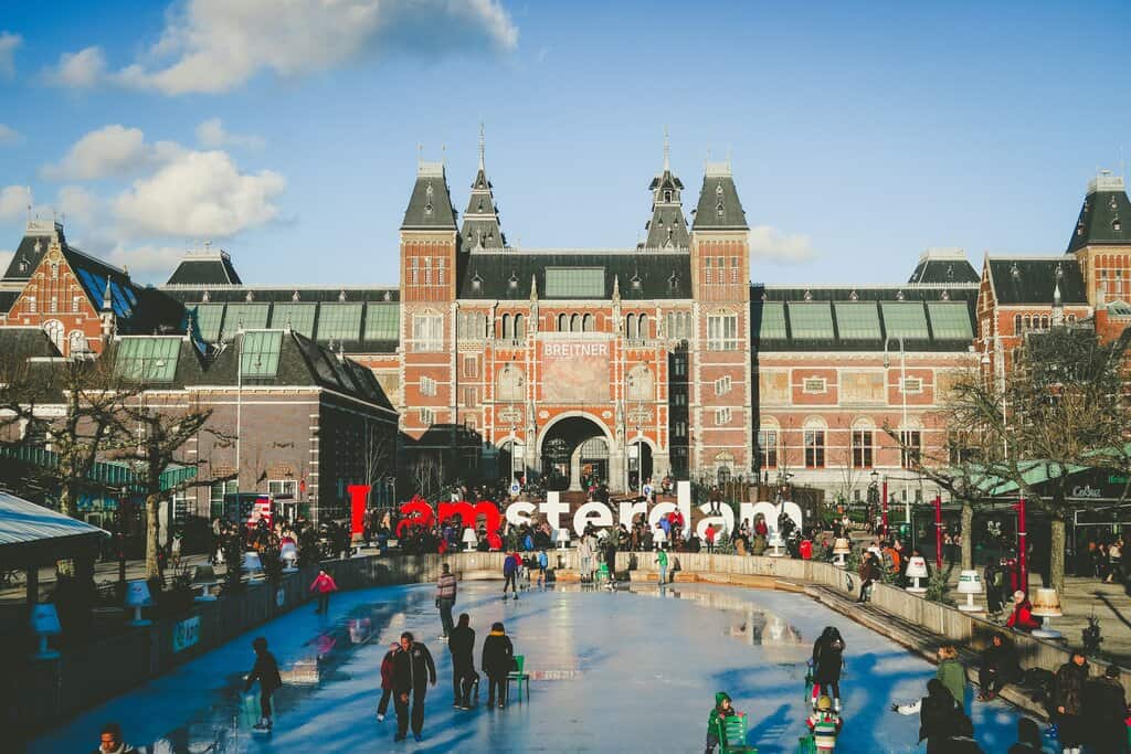 Museumplein Amsterdam in the winter with an ice skating rink