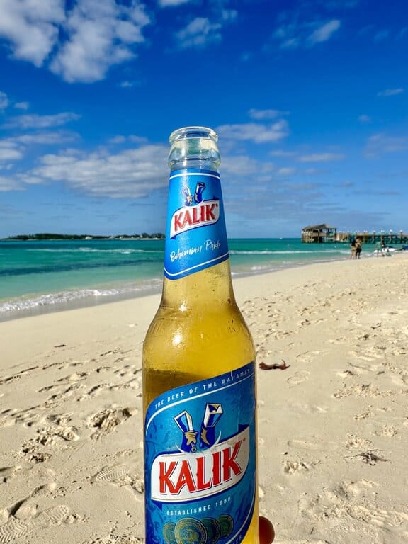 Kalik beer on the beach in the Bahamas