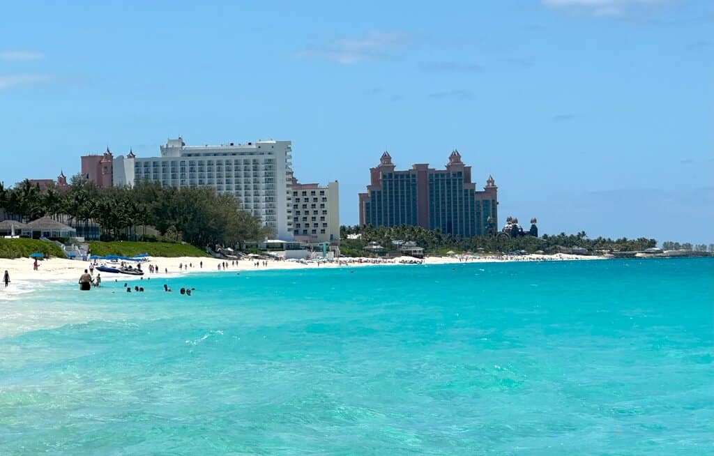 a view of Atlantis on Cabbage Beach in the Bahamas