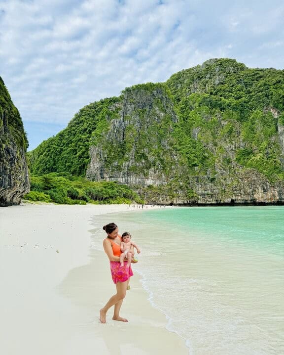 Nimarta Bawa with baby at Maya Bay beach in Thailand