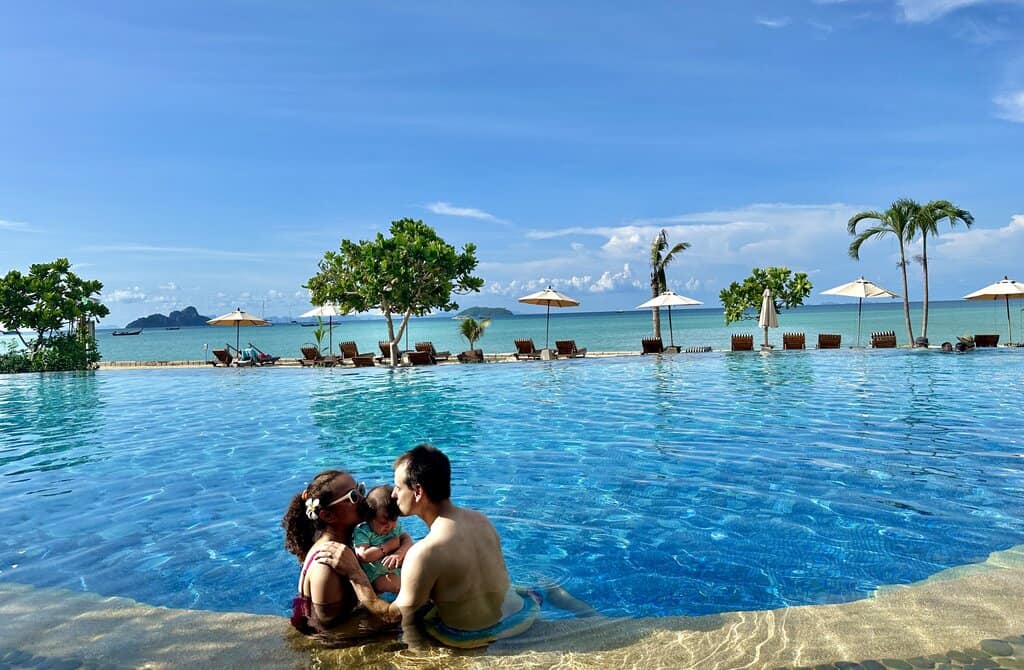 Chris Heckmann and Nimarta Bawa at the pool of SAii Phi Phi Island Village resort