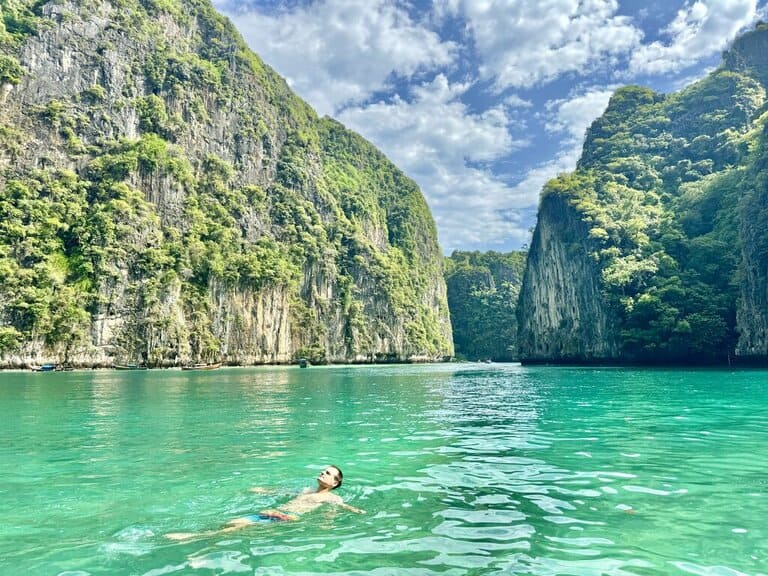 chris heckmann floating in Pi Leh Lagoon in Thailand