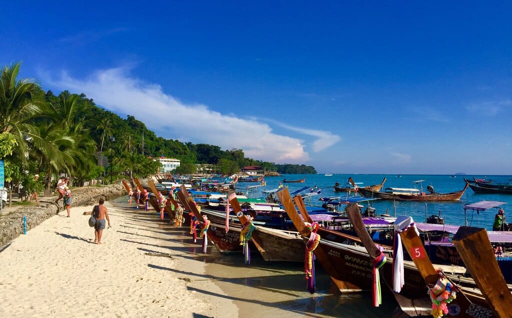 Ton Sai in Phi phi islands with longtail boats on the beach