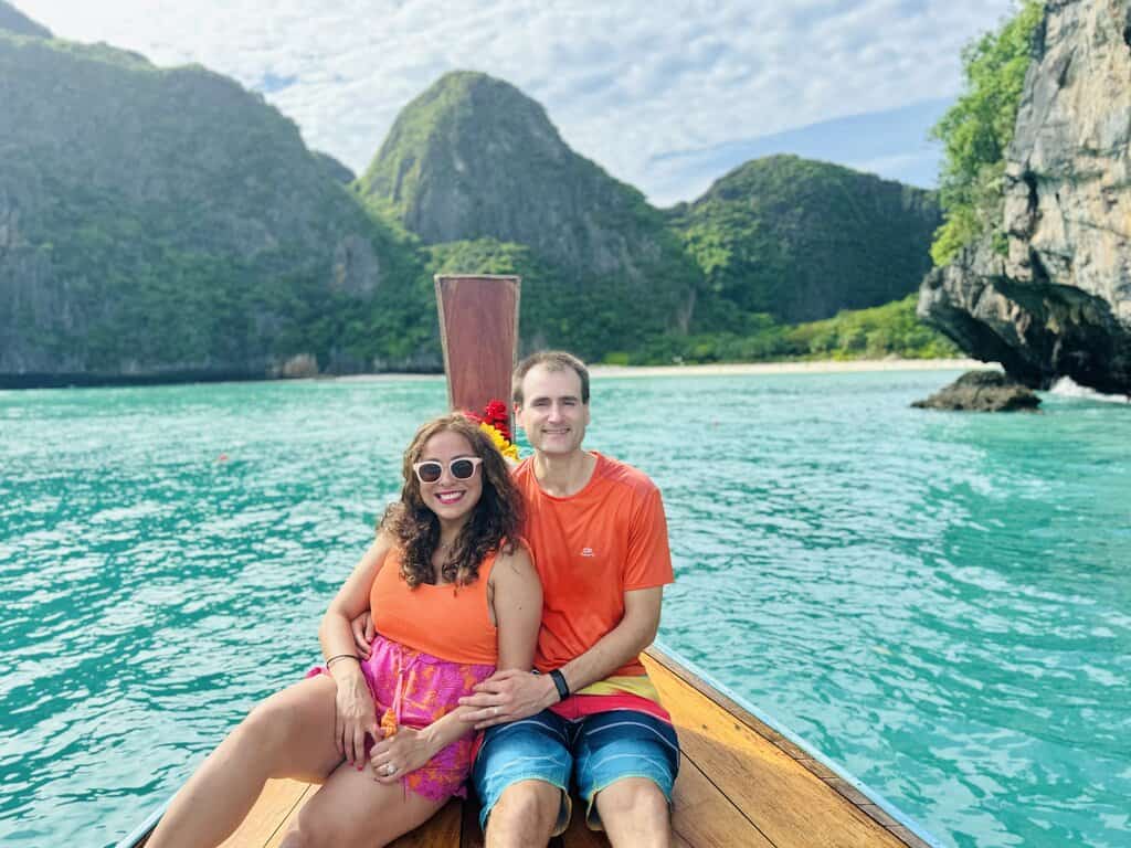 Chris Heckmann and Nimarta Bawa at Maya Bay in Thailand