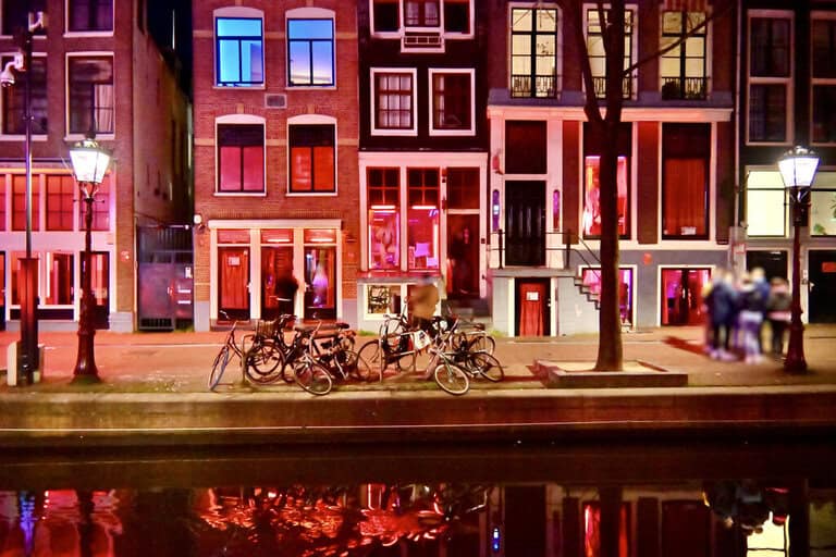 bikes in front of houses in the Amsterdam Red Light District