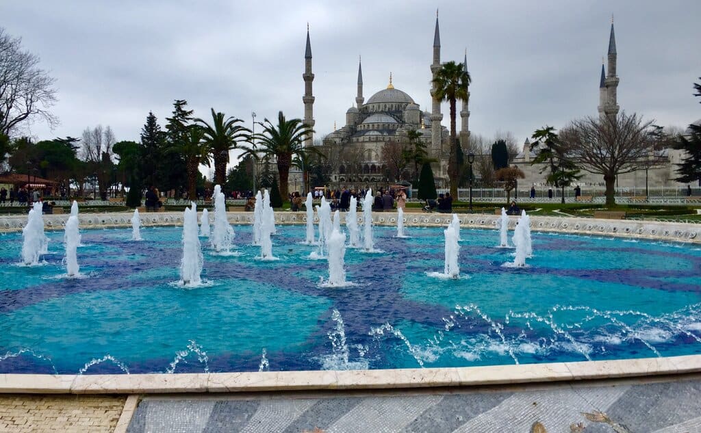 The blue mosque in Istanbul with a foundation in front of it