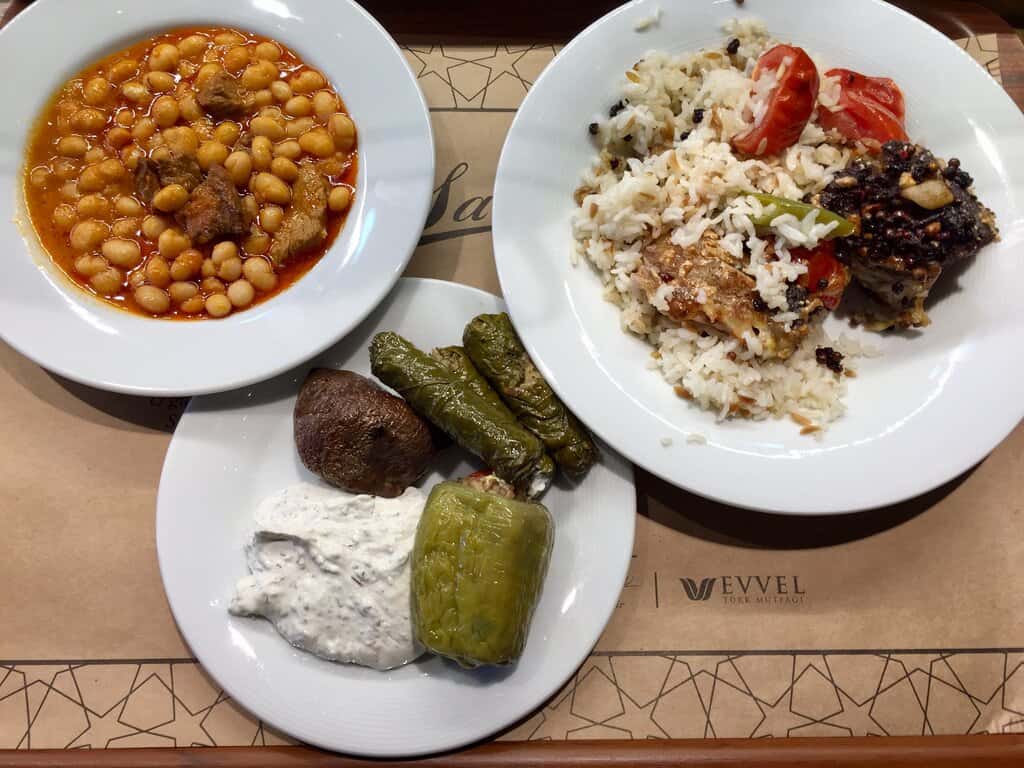 A turkish feast in Istanbul, grape leaves, beans, and doner