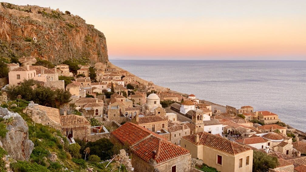 A view of Monomvasia at Sunset