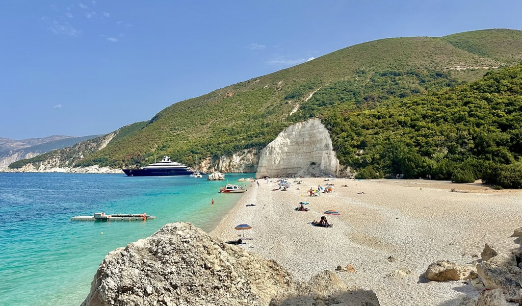 Fteri Beach is one of the best beaches in Kefalonia, seen here on a sunny day