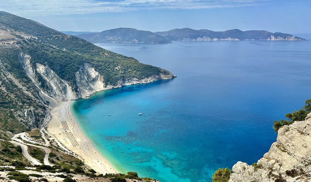 Myrtos Beach in Kefalonia as seen from the road above