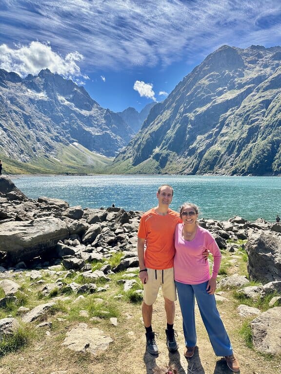 Chris Heckmann and Nimarta Bawa at Lake Marian in New Zealand